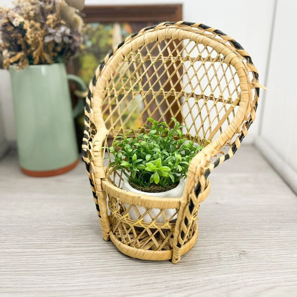 Vintage Wicker Peacock Chair Plant Holder - Black Accent Decor‎